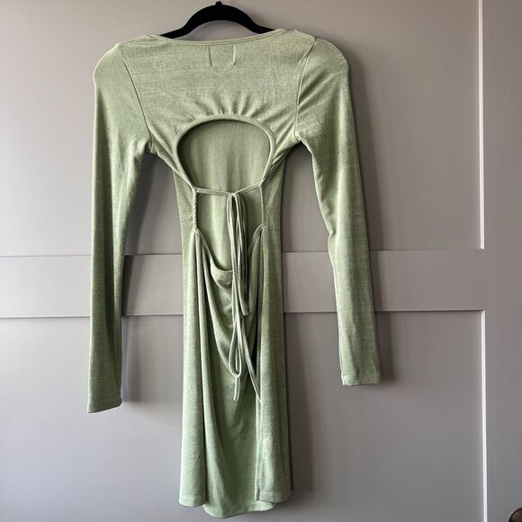 Princess Polly Ribbed Long Sleeve Open Back Mini Bodycon Dress Green Sz. 4 - Picture 2 of 14